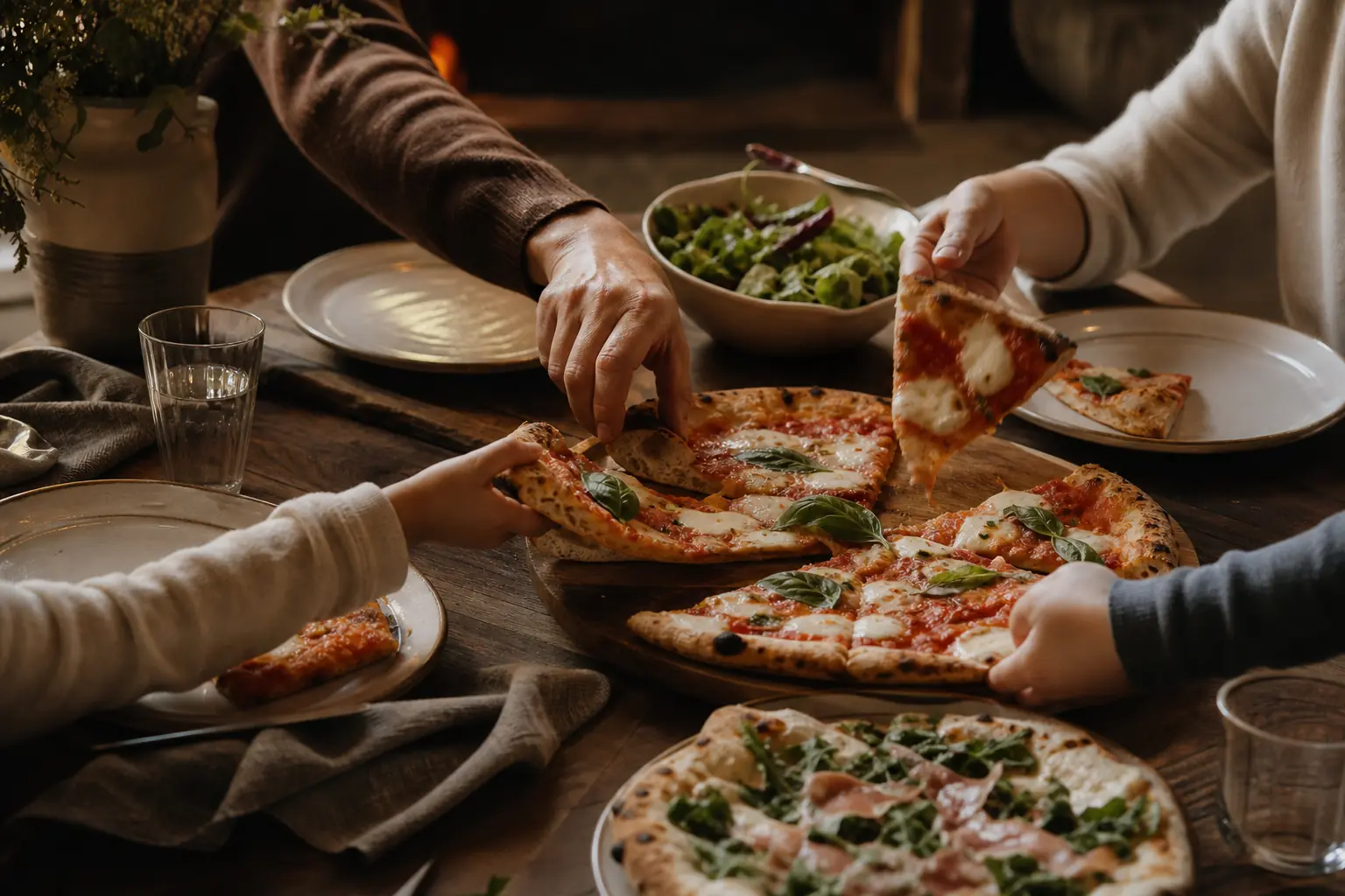 Pizza night table with finished pizza and shared meal setting