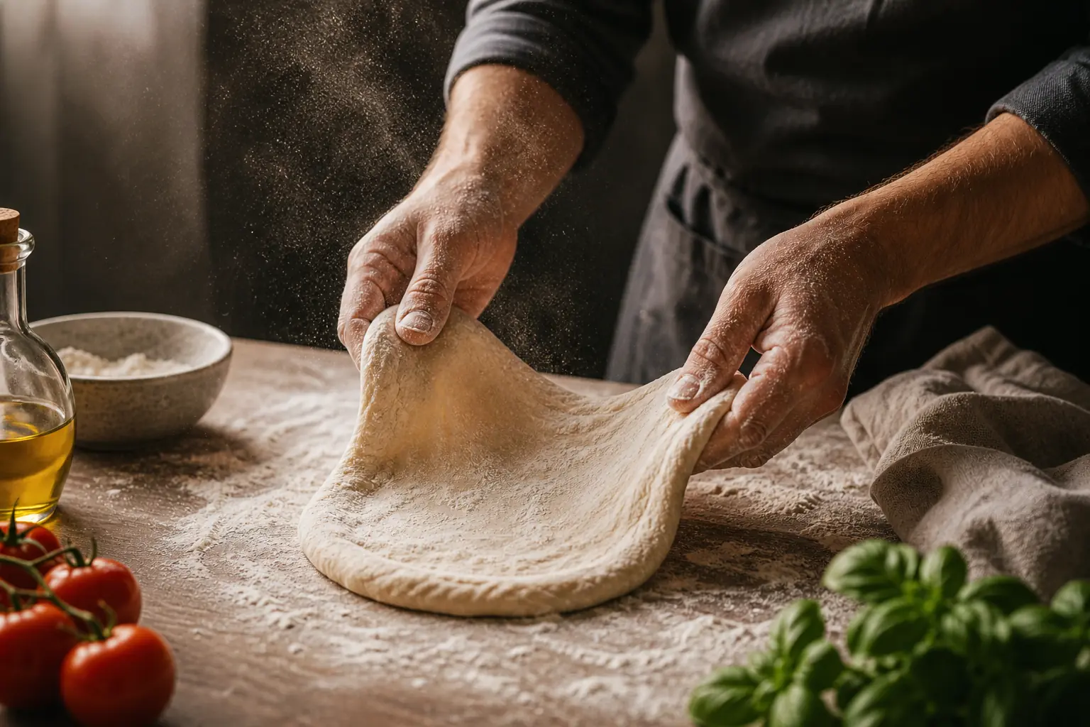 Hands working pizza dough for a homemade pizza night