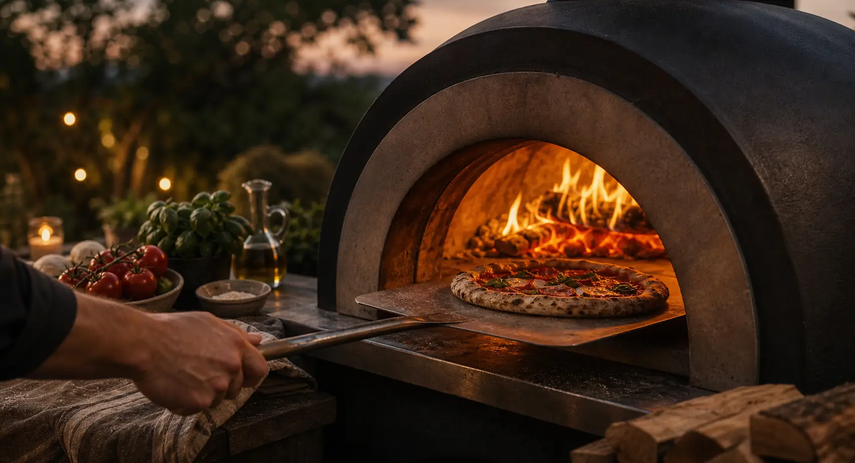 Outdoor pizza oven fire for backyard pizza cooking