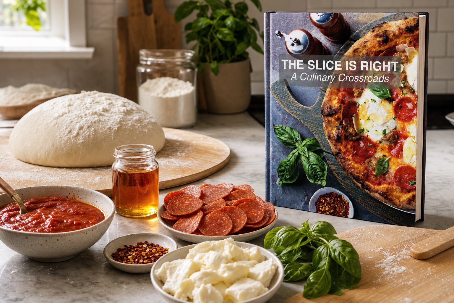 The Slice Is Right cookbook in a kitchen with dough, sauce, pepperoni, mozzarella, basil, and hot honey ready for pizza making